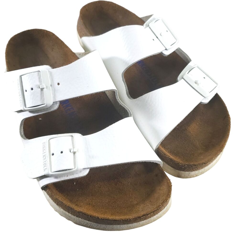 Sz 10 N Narrow Women's Birkenstock White Leather Arizona Sandals White Buckle